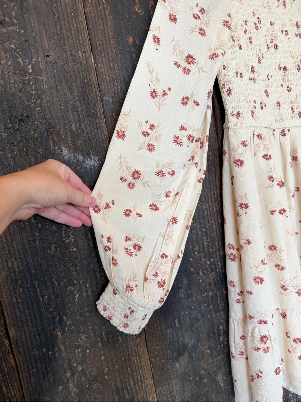 American Eagle Outfitters Cream Floral Long-Sleeve Smocked Mini Dress - Picture 5 of 10